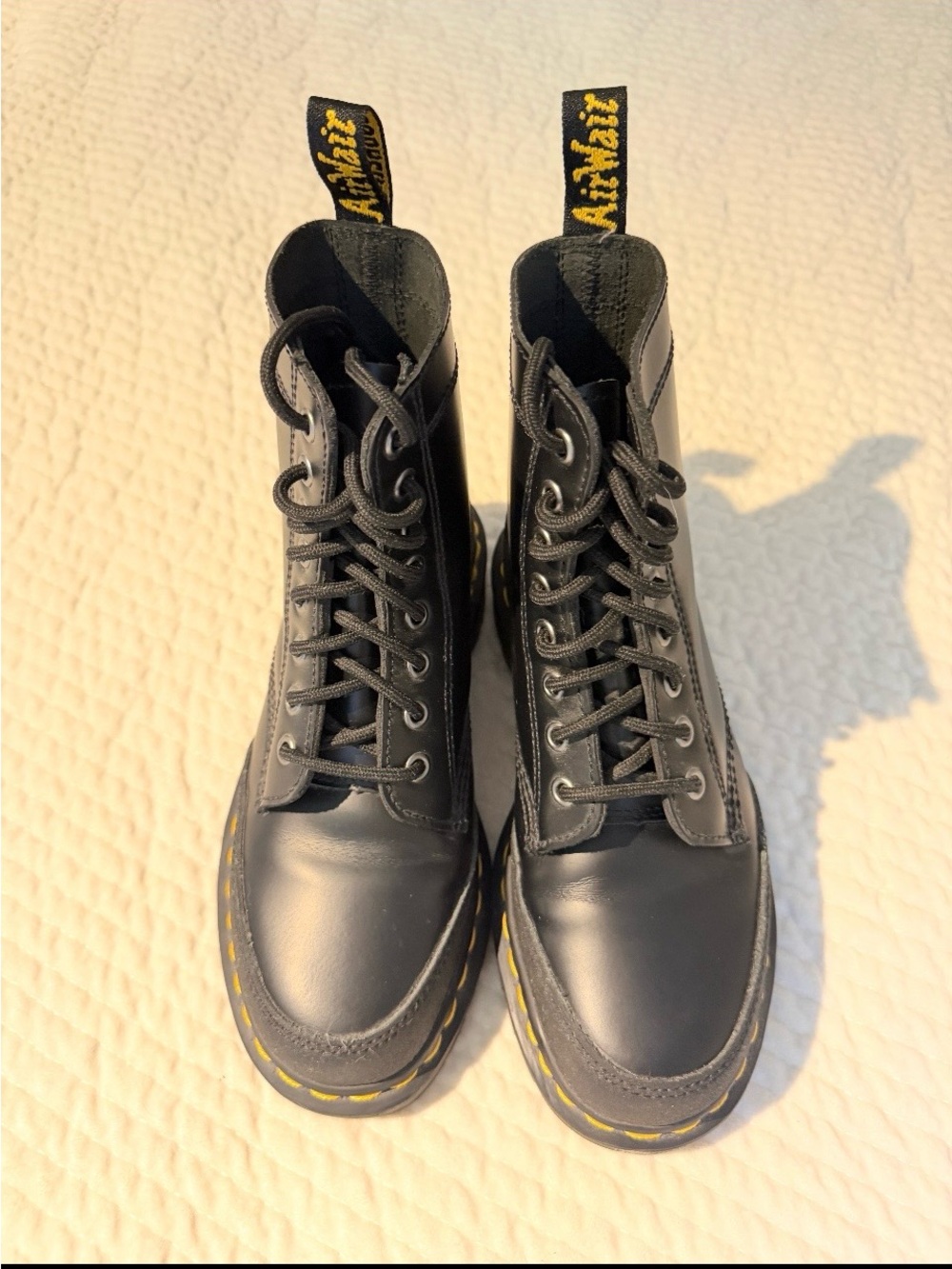 Dr. Martens Black 8-Eye Lace-Up Boots with Yellow Stitching